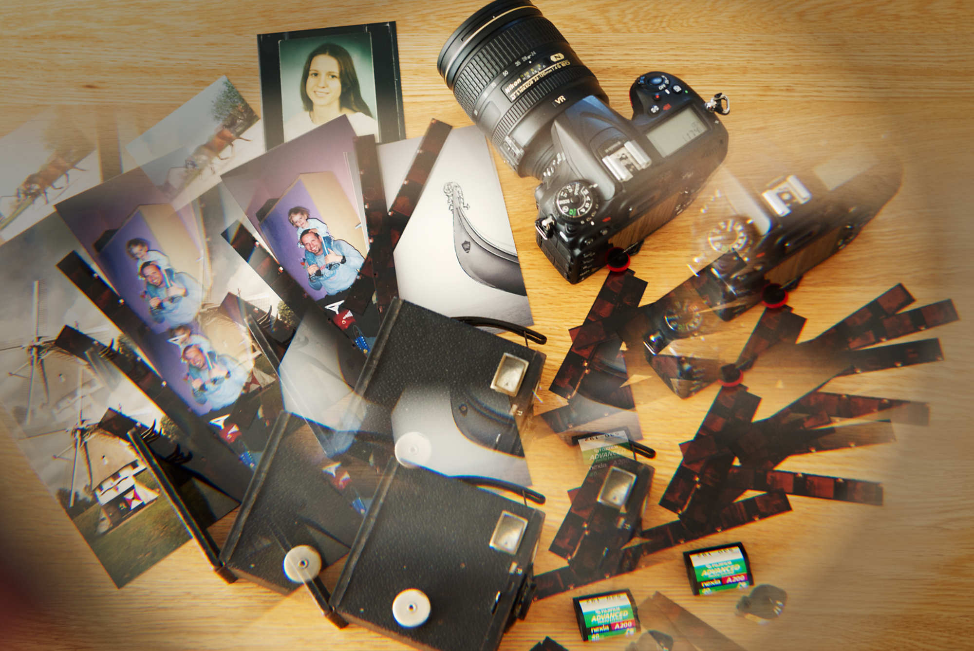 Current and retro photography equipment to illustrate of how to be an eco-friendly dog photographer